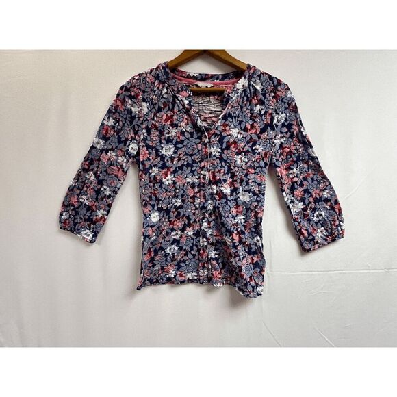Percina Womens V-neck Button Front Closure Elbow Sleeve Top Black Floral Size 8 - Picture 1 of 7